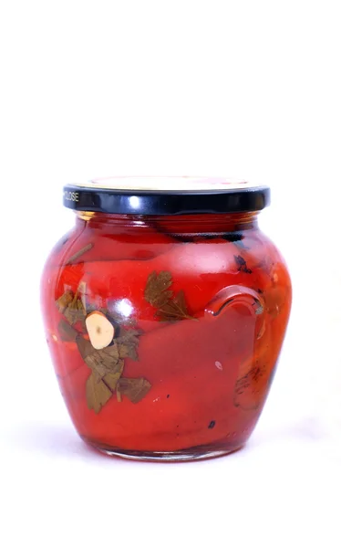 Fresh canned preserved peppers in jars — Stock Photo, Image