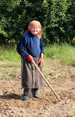 Gorna Bela Crkva, Makedonya - 23 Haziran 2016: içinde Gorna Bela Crkva, villlage 83 yıl bir Resen, Makedonya'nın city yakınındaki bir aile alanında kazma yaşlı köylü kadın.