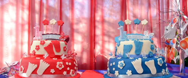 粉红色和蓝色的生日蛋糕双胞胎兄妹 — 图库照片
