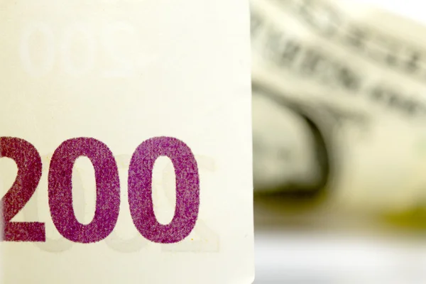 200 euro money and dollar in background — Stock Photo, Image