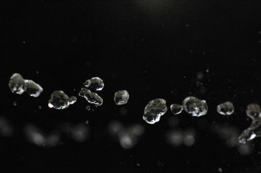 Su hava karanlık levitating bırakır. Havadaki sıçramasına su sineği. Damla parçasıdır odak, Bölüm - odak dışı.