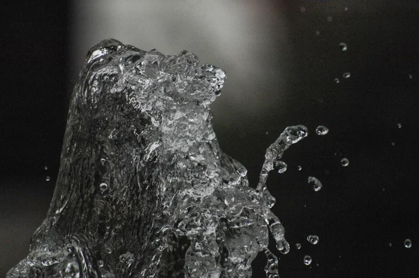 Vatten droppar svävar i luften i mörkret. Stänkande vatten flyger i luften. Del av dropparna är i fokus, del - av fokus. — Stockfoto