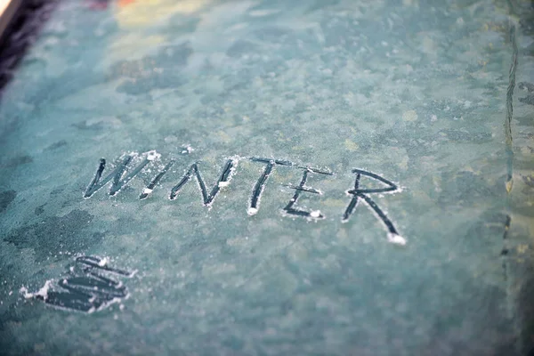 Skriven Text Vinter Frost Bil Vindruta — Stockfoto