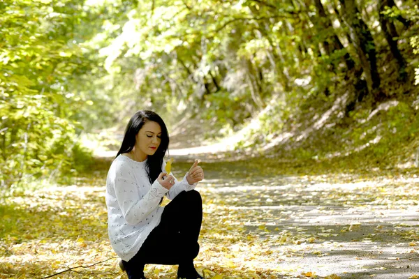 Mutlu Kadın Parktaki Sonbahar Yaprakları — Stok fotoğraf