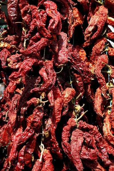Kurutulmuş kırmızı biber kırmızı turuncu bir piyasa ahır gölgeler — Stok fotoğraf