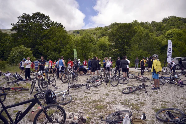 NATIONAL PARK GALICICA,MACEDONIA -JUNE 21, 2015:Bicycle Tour "Tour de Galichitsa" was organized by the cycling-Mountain Bike Club Prespa. The tour is held the second year, participants had  the opport — Stock Photo, Image