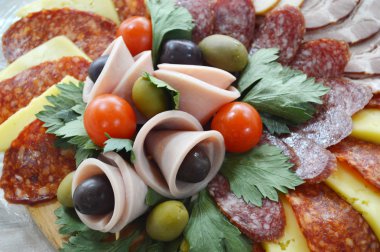 İyi dekore edilmiş gıda, kanepeler, soğuk, kesim, açık büfe