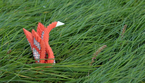 Cisne de origami cor-de-laranja belíssimo em uma grama — Fotografia de Stock