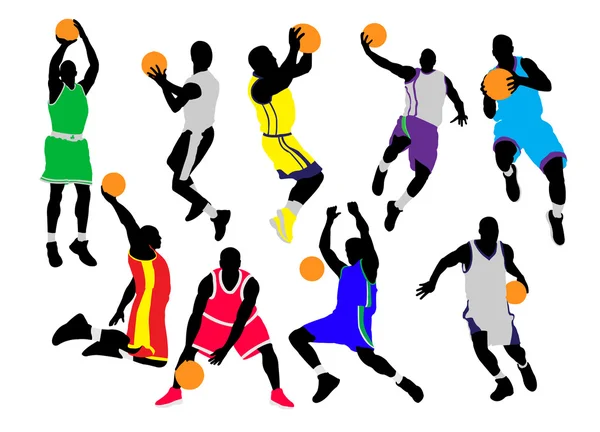 Jogadores de basquete silhuetas vetoriais — Vetor de Stock