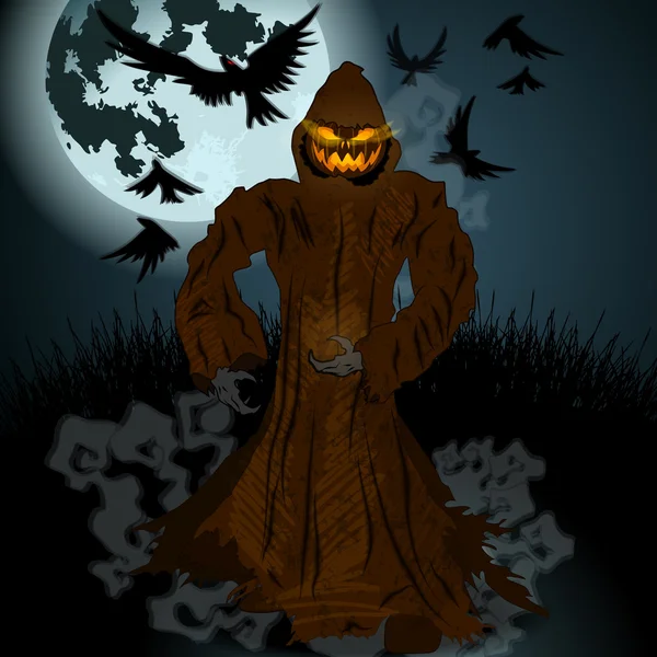Ilustração de Halloween com Jack O 'Lantern, lua cheia e corvos — Vetor de Stock