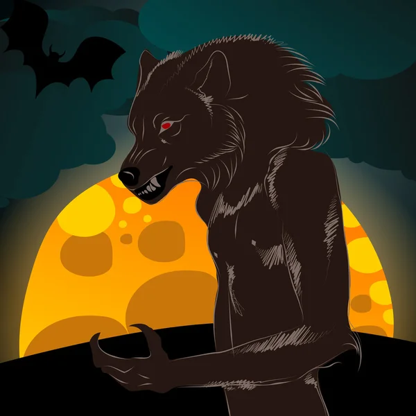 Halloween illustration with werewolf and full Moon — Stock Vector