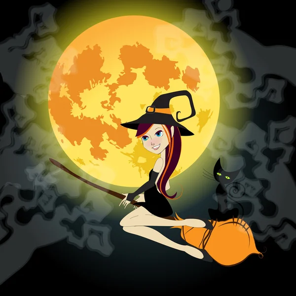 Милая Хэллоуинская ведьма с черной кошкой, летящей перед полным Мо. — стоковый вектор