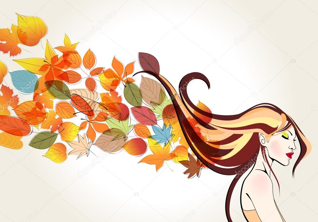 Beautiful autumn woman and leaves illustration