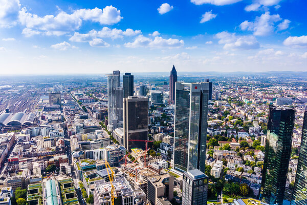 FRANKFURT AM MAIN, GERMANY - SEPTEMBER 20, 2015: Aerial view of the central business district from the observatory deck of the Mian tower