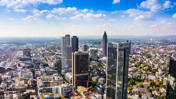 FRANKFURT AM MAIN, GERMANY - SEPTEMBER 20, 2015: Aerial view of the central business district from the observatory deck of the Mian tower