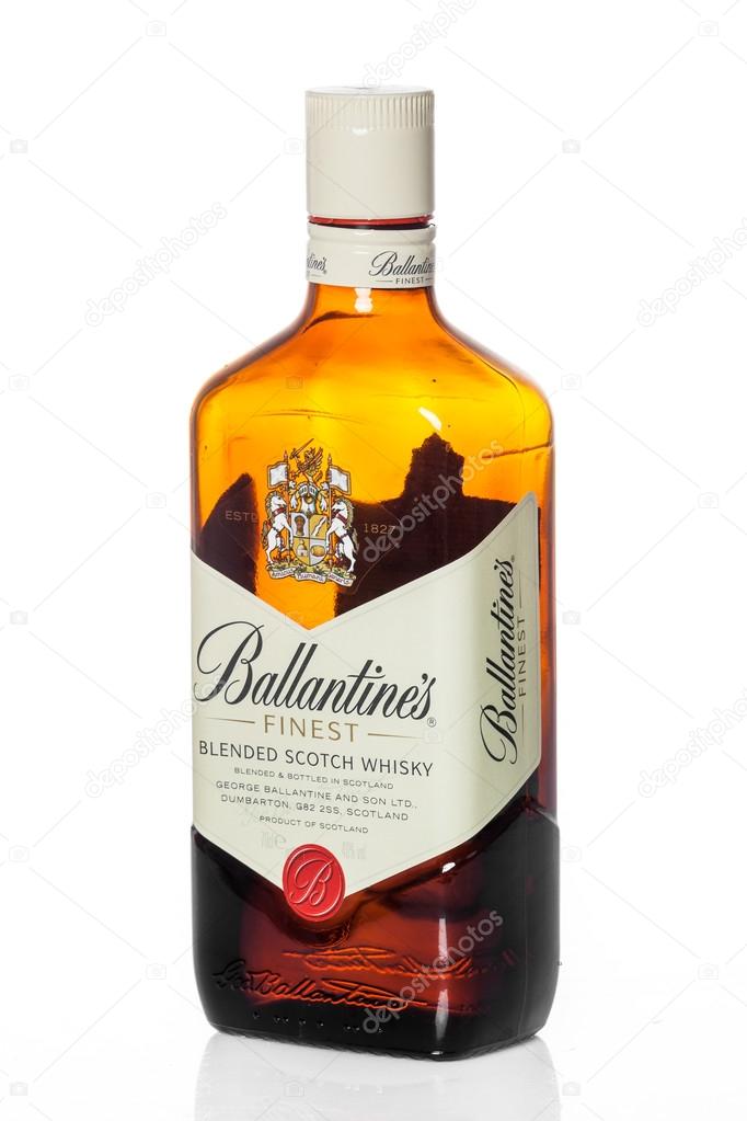 DUSSELDORF, GERMANY - APRIL 08, 2016: Bottle of Ballantines whisky isolated on white background. Ballantine's is the world's second highest selling scotch whisky, produced by Pernod Ricard in Dumbarton, Scotland