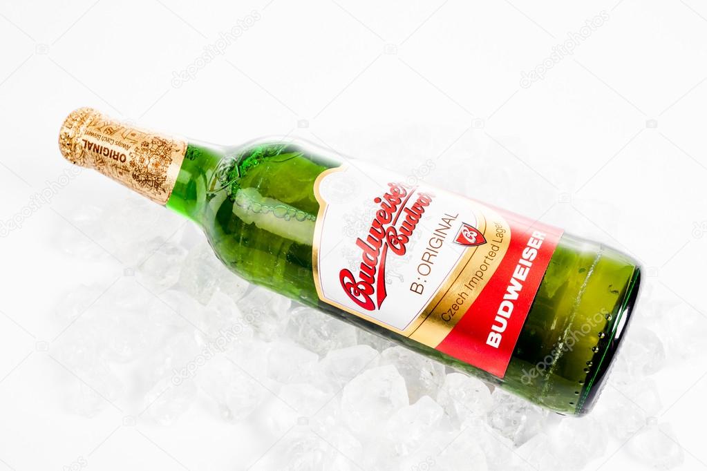 DUSSELDORF, GERMANY - APRIL 21, 2016: Budweiser lager beer isolated on white background. Budweiser is made by Budweiser Budvar in Czech Republic