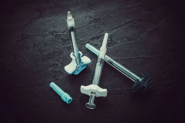 Syringe Medical Injection Black Background — Stock Photo, Image