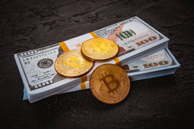 Altın Bitcoin metal para bir Amerikan doları banknotunda