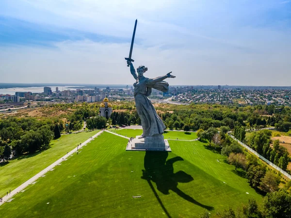Volgograd Russia Aerial View Statue Motherland Calls Restoration Top Mamaev — Stock Photo, Image