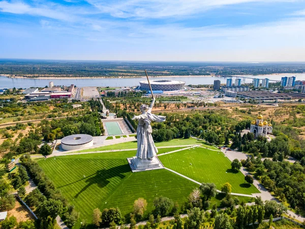 Volgograd Russia Aerial View Statue Motherland Calls Restoration Top Mamaev — Stock Photo, Image