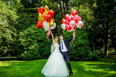 Gelin ve damat bir parkta poz