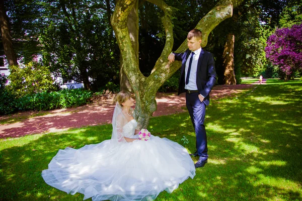 Bride and groom posing in a park — Stock Photo, Image