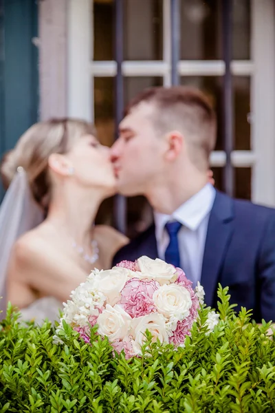 Brautpaar küsst sich. — Stockfoto
