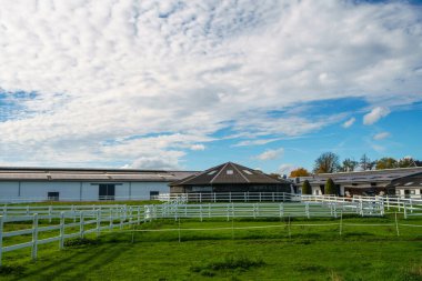 Geniş görüşlü profesyonel bir at biniciliği tesisi büyük beyaz bir ahır donanımlı