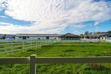 Geniş görüşlü profesyonel bir at biniciliği tesisi büyük beyaz bir ahır donanımlı