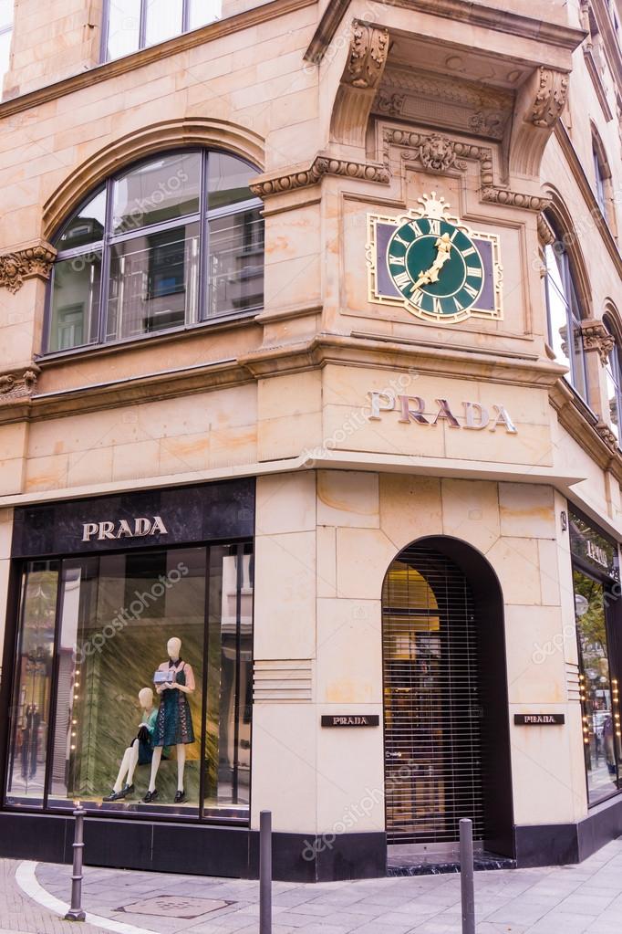 FRANKFURT, GERMANY - October 24, 2015: Prada Logo on boutique. Prada is an Italian fashion label specializing in luxury goods for men and women