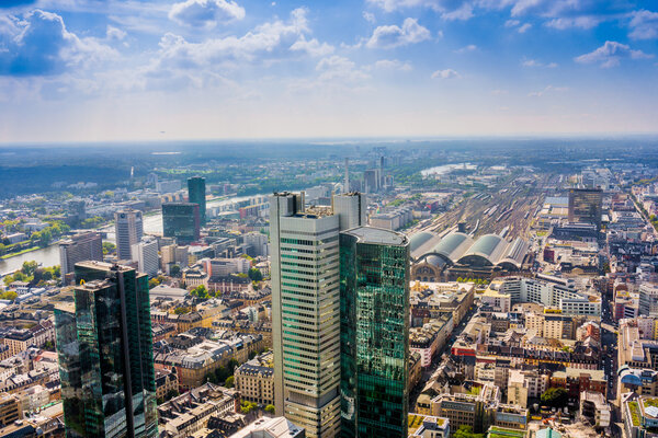 FRANKFURT, GERMANY, SEPTEMBER 20, 2015:view to skyline of Frankfurt from Maintower in Frankfurt, German