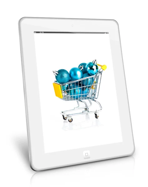 A Tablet PC képernyőjén bevásárlókosár. — Stock Fotó