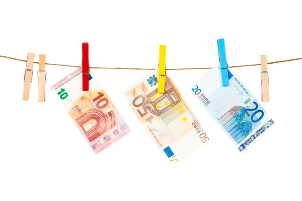 Euro notes on clothesline — Stock fotografie