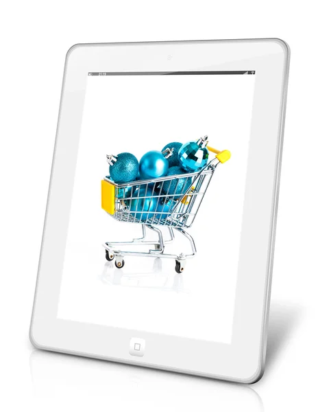 A Tablet PC képernyőjén bevásárlókosár. — Stock Fotó