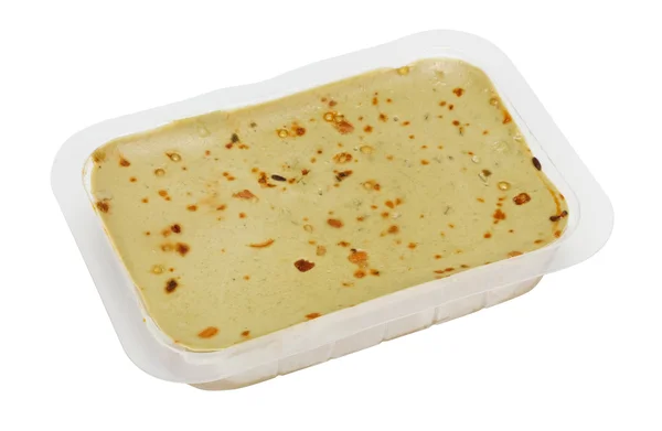 Standard plastic container with fresh liver pate — Stock Photo, Image