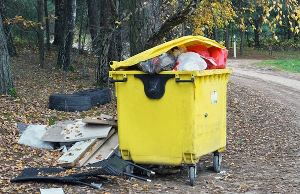 Garbage Overflowing Container Autumn Forest — Stock Photo, Image