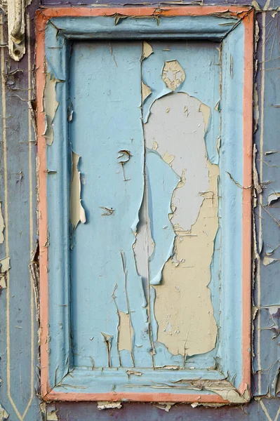 Bitar Gammal Blå Sprucken Färg Vertikal Vintage Dörr Panel Närbild — Stockfoto