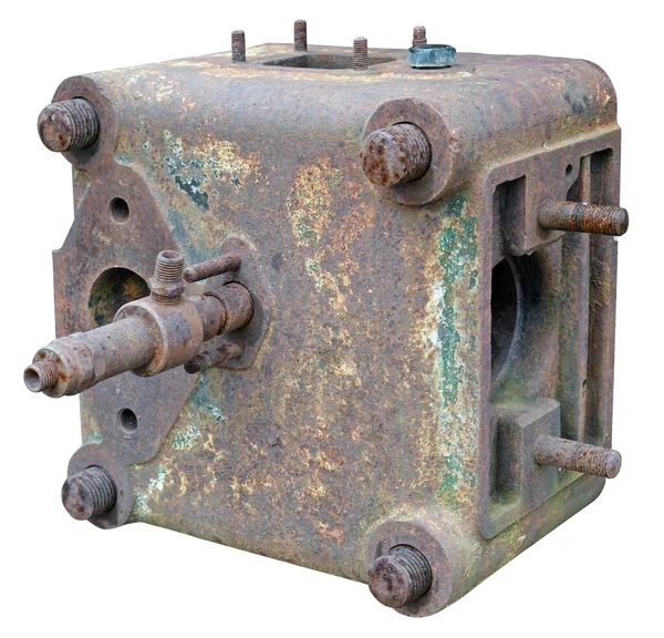 Mechanisch Verdeelmechanisme Een Vintage Dieselmotor Geïsoleerd Wit — Stockfoto