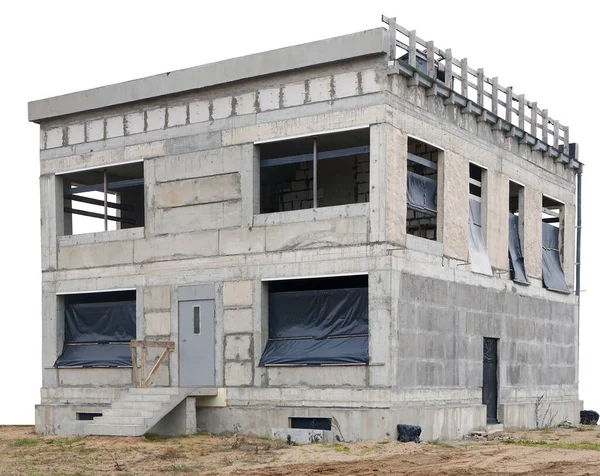 Byggandet Ett Ofullbordat Hus Landet Från Betongblock Isolerad Vitt — Stockfoto