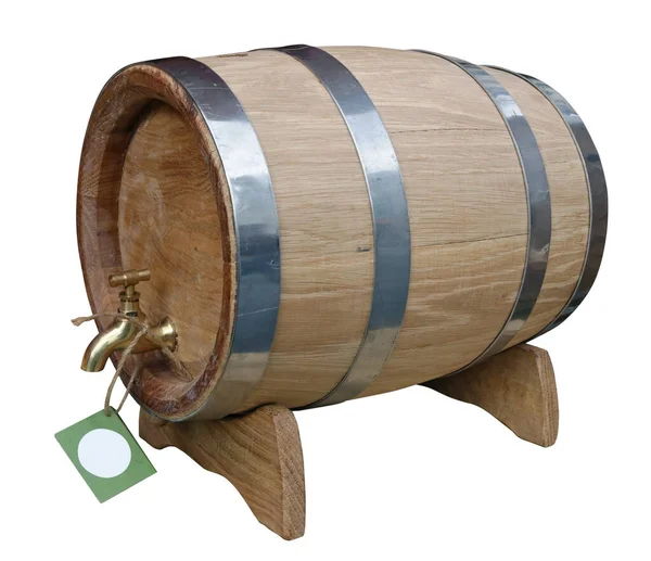 白に単離されたビール用の新しい木製オーク樽 — ストック写真