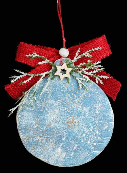 Homemade Christmas Tree Decoration Ball Made Wood Plaster Bow Isolated — Stock Photo, Image