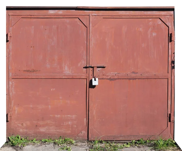 Locked Closed Red Gates Old Rural Barn Isolated White — Stock Photo, Image