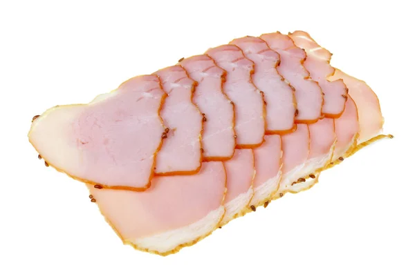 One Hundred Grams Slices Pink Smoked Ham Iisolated White Macro — Stock Photo, Image