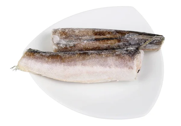Pezzi Pesce Nasello Atlantico Congelato Sdraiato Piatto Verde Isolato — Foto Stock