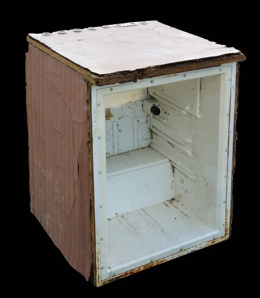 Сломанный Деревянный Холодильник Мусорной Свалке Изолированной Черном — стоковое фото