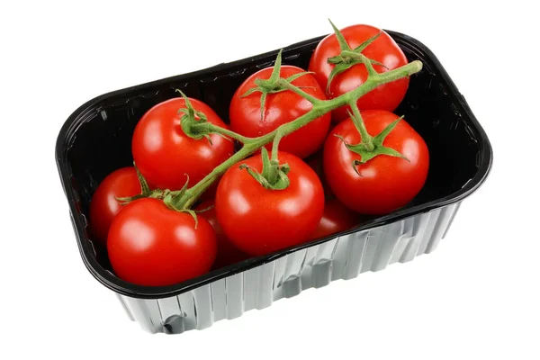 Punainen Kypsä Eko Tomaatit Mustassa Muovilaatikossa Eristetty Valkoinen Studio Makro — kuvapankkivalokuva