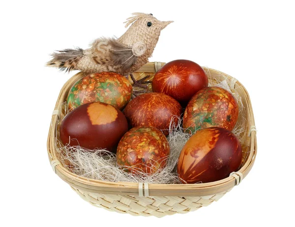 复活节手工彩绘鸡蛋和绳鸡在篮子里 与白种人隔离 — 图库照片