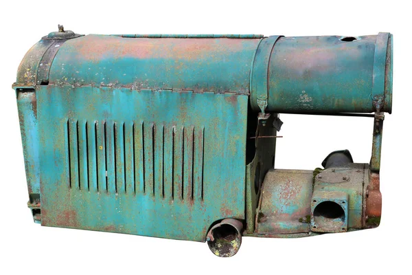 Rusty Retro Małe Ciągniki Silnik Diesla Pomalowany Niebiesko Odizolowane Biało — Zdjęcie stockowe