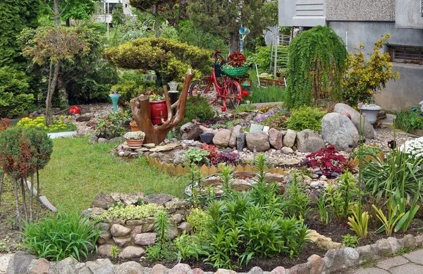 Pequeno Jardim Com Pedras Ganite Arbustos Plantas Ornamentais Perto Edifício — Fotografia de Stock